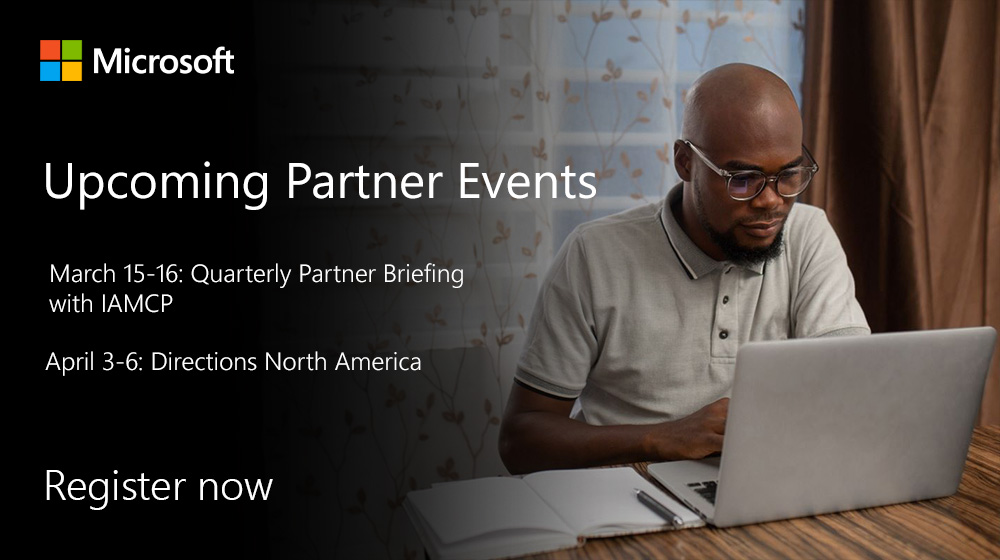Upcoming Partner Events banner, with a man on the right working on his laptop.