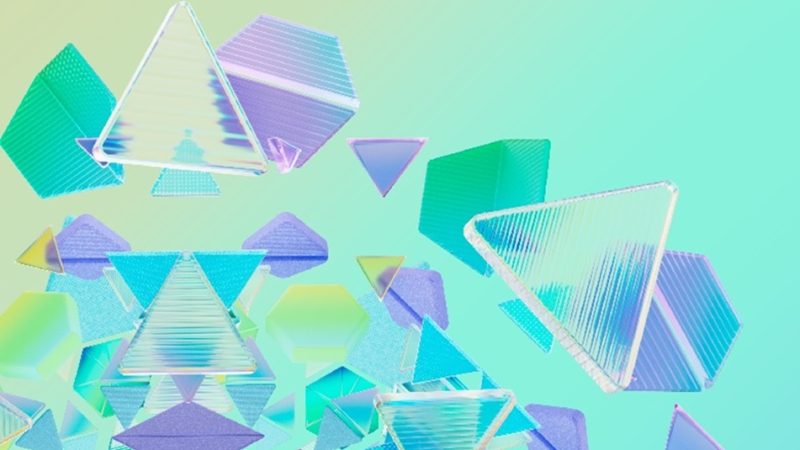 Graphical image of floating solid and transparent shapes.