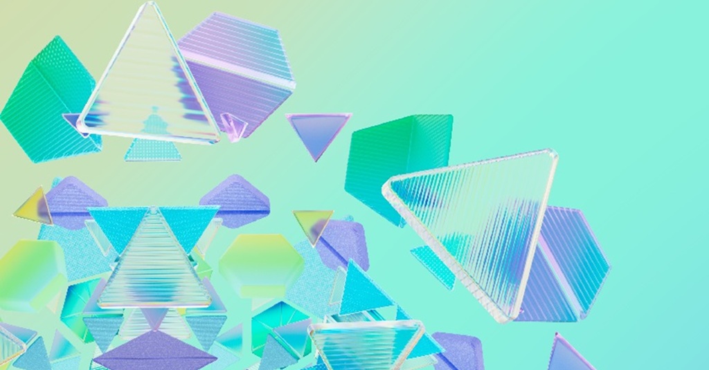 Graphical image of floating solid and transparent shapes.