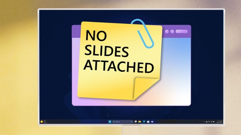 Image graphique d’un post-it attaché à un moniteur qui affiche le texte « No Slides Attached »